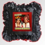 Big Black Square Cushion With Personalized Photo and Red Lace Border